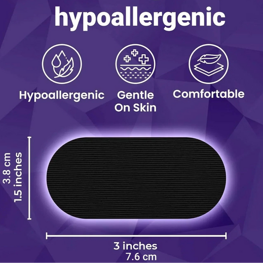 hypoallergenic, gentle on skin, and comfortable features on a purple geometric background.