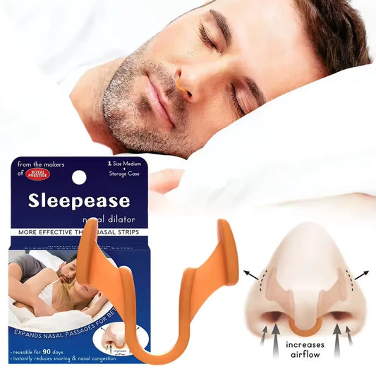 Sleepease nasal dilator packaging with a man sleeping and an illustration of its use.