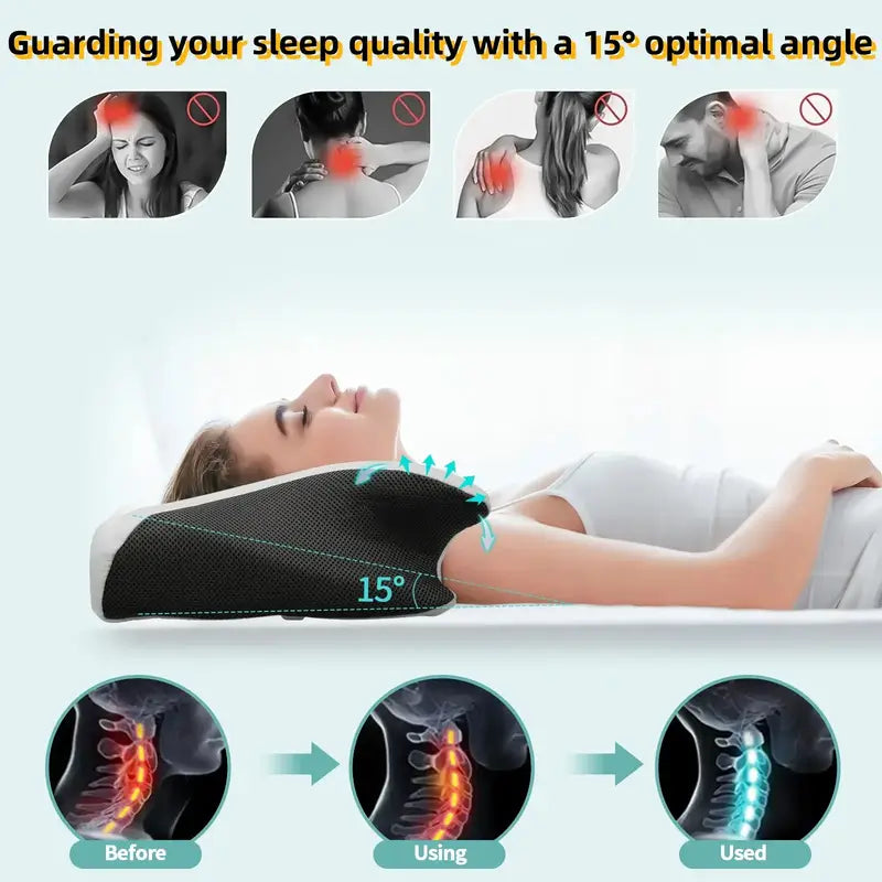 Person using a neck pillow with ergonomic design to guard sleep quality, showing before and after effects on spinal health.