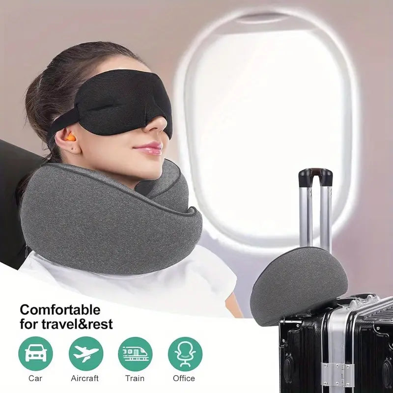 Person using a travel neck pillow with a sleep mask on an airplane, with text indicating comfort for travel and rest.