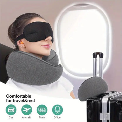 Person using a travel neck pillow with a sleep mask on an airplane, with text indicating comfort for travel and rest.