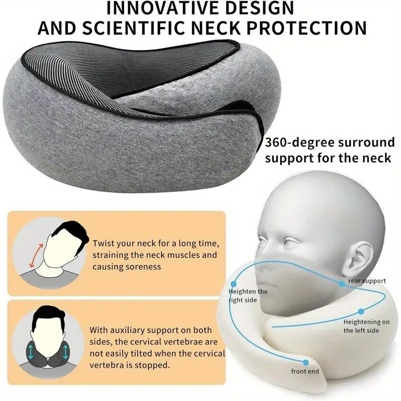 Neck support pillow with text highlighting its design and benefits