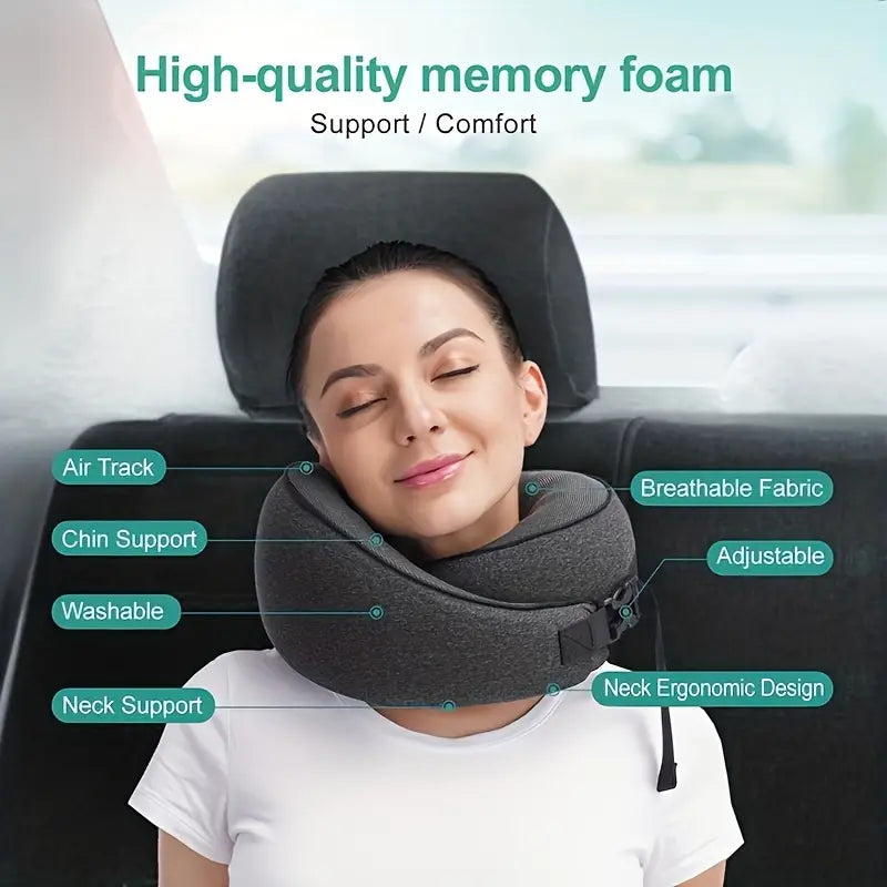 Woman using a neck pillow with text highlighting features, sitting in a car.
