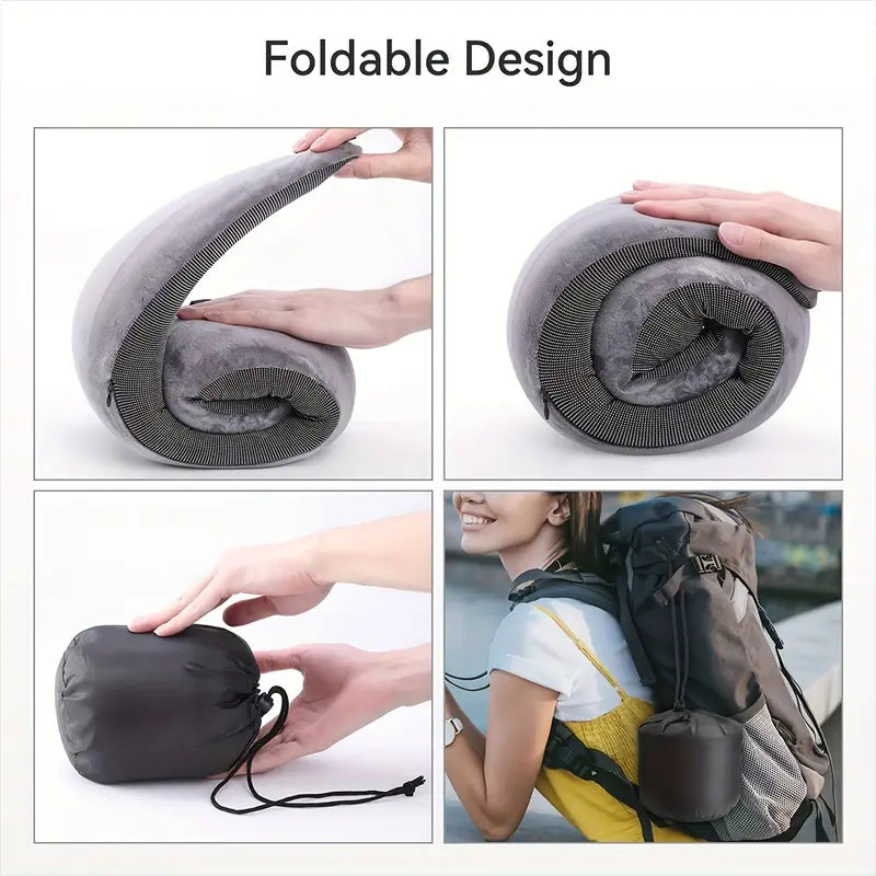 Foldable design of a travel pillow with packaging and usage scenarios.