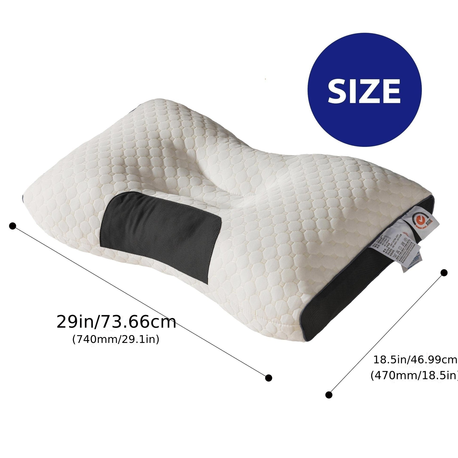 White pillow with black accents and size measurements on a white background