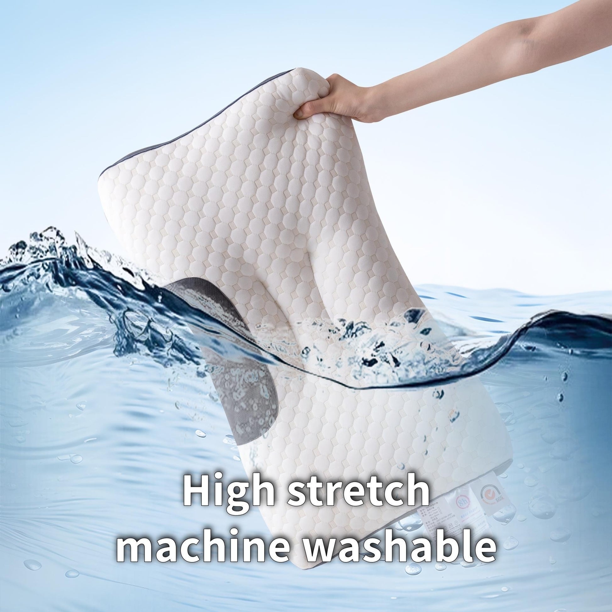 Hand holding a quilted item above water with text 'High stretch machine washable' on a blue background