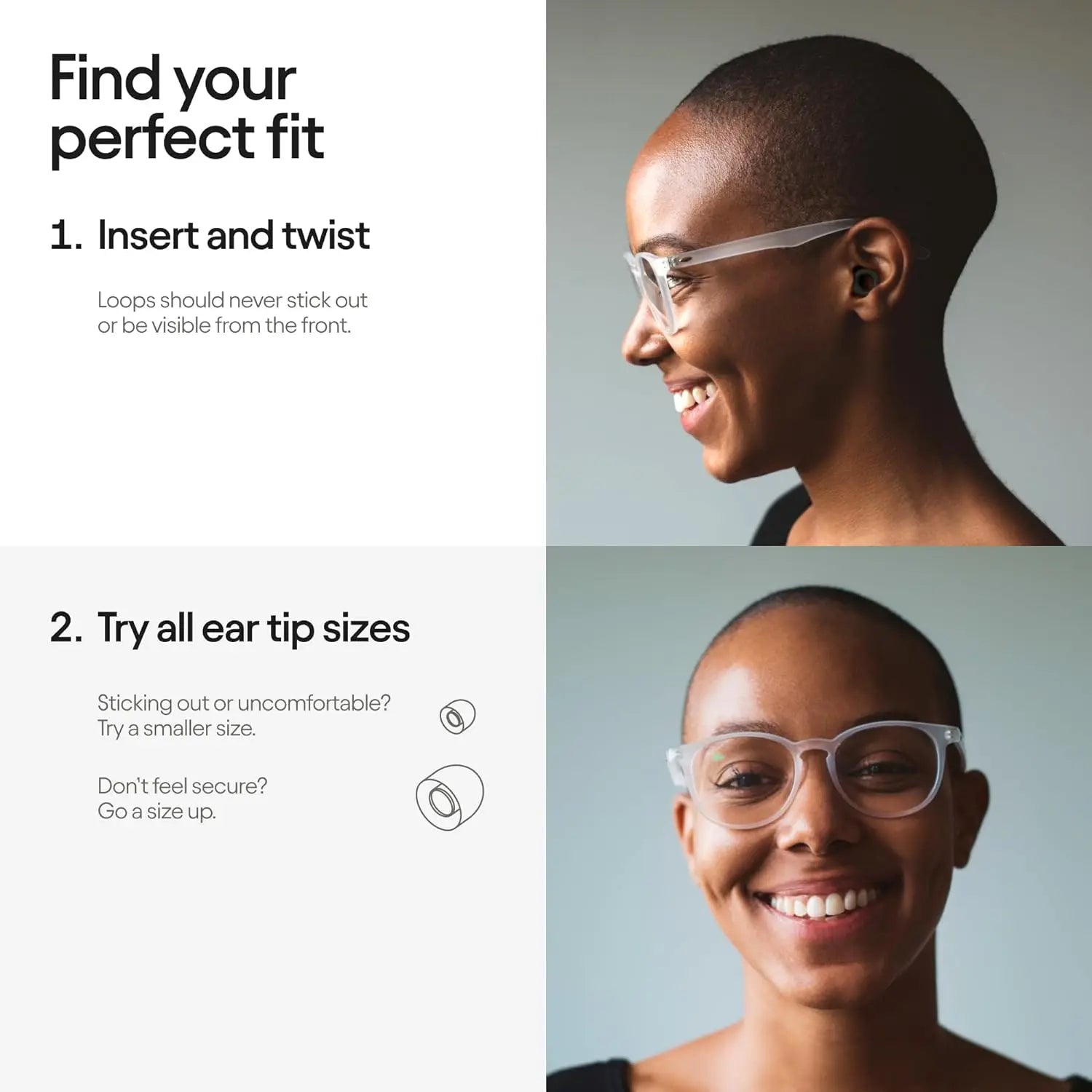 Instructions for finding the perfect fit of eyeglasses with a woman wearing glasses.