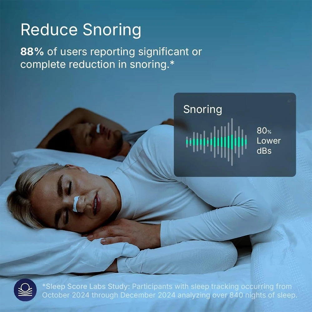 Woman sleeping with a device on her nose, reducing snoring as indicated by a graph.