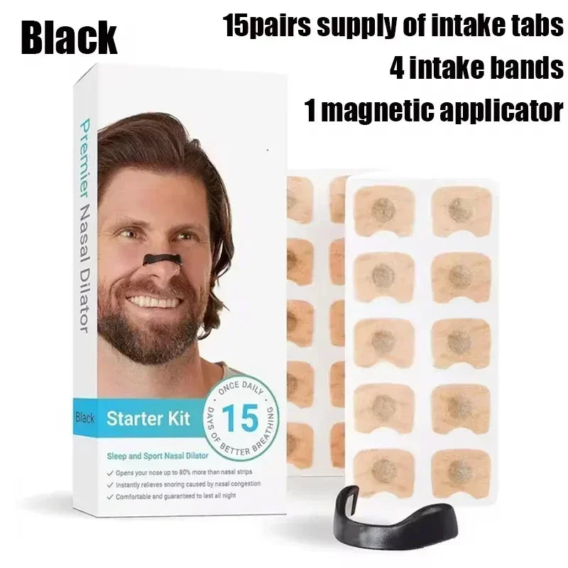 Nasal dilator starter kit with packaging, intake tabs, and magnetic applicator on a white background.