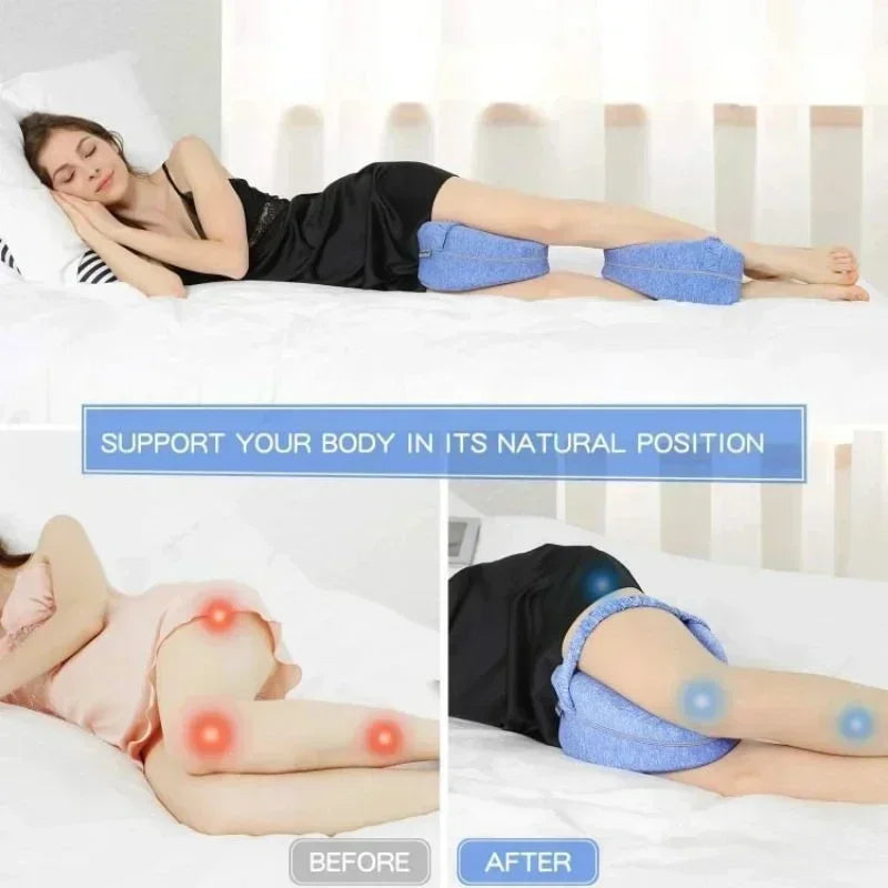Woman using a blue pillow to support her body in bed, with text indicating it supports natural body position.