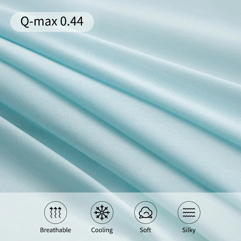 Light blue fabric with 'Q-max 0.44' text and fabric properties icons at the bottom.