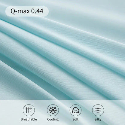Light blue fabric with 'Q-max 0.44' text and fabric properties icons at the bottom.