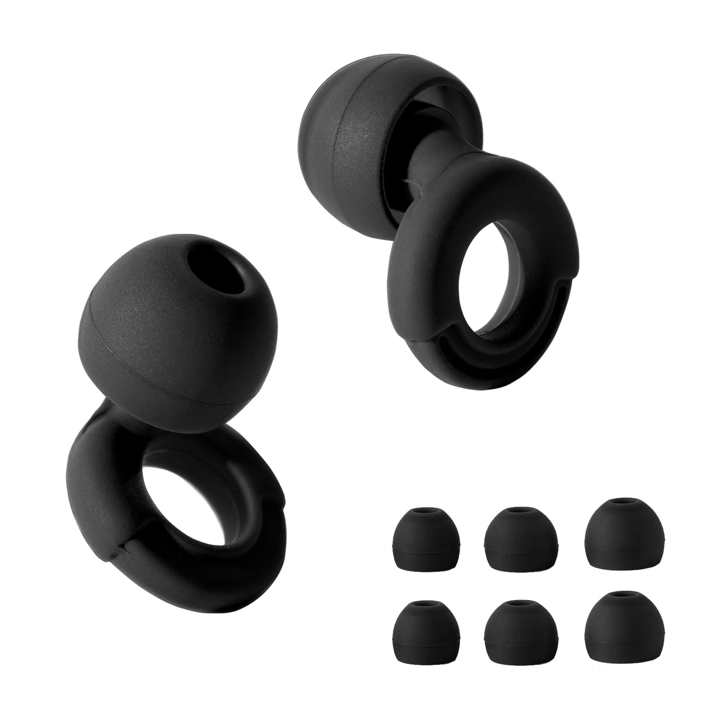 Set of black silicone earbud tips on a white background