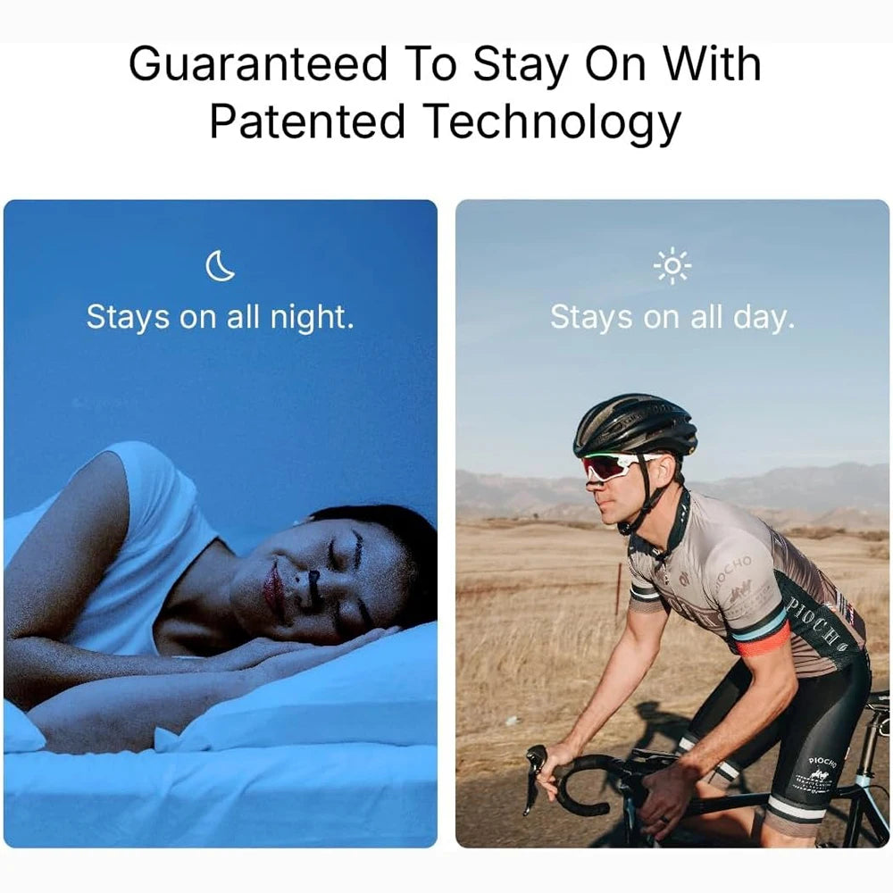 Two scenarios showing a product's effectiveness: one person sleeping with 'Stays on all night.' text, another person cycling with 'Stays on all day.