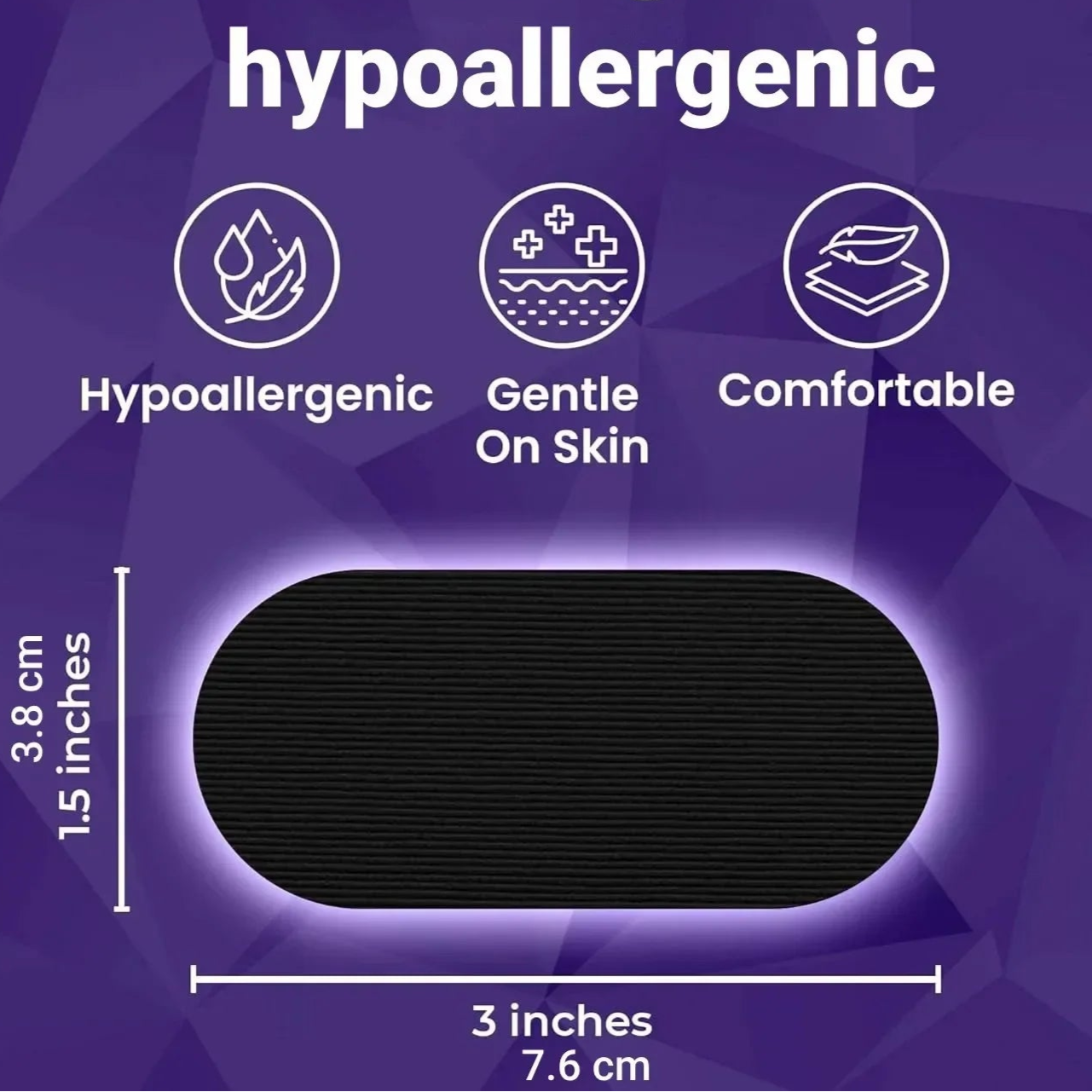 hypoallergenic, gentle on skin, and comfortable features on a purple geometric background.