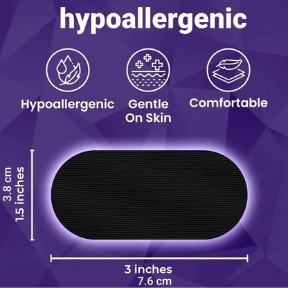 hypoallergenic, gentle on skin, and comfortable features on a purple geometric background.