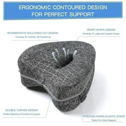 Ergonomic contoured design pillow with text highlighting features on a white background