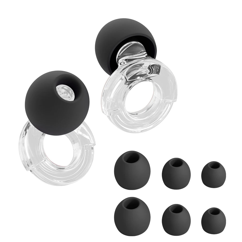Clear earbud with black silicone tips and additional silicone tips on a white background