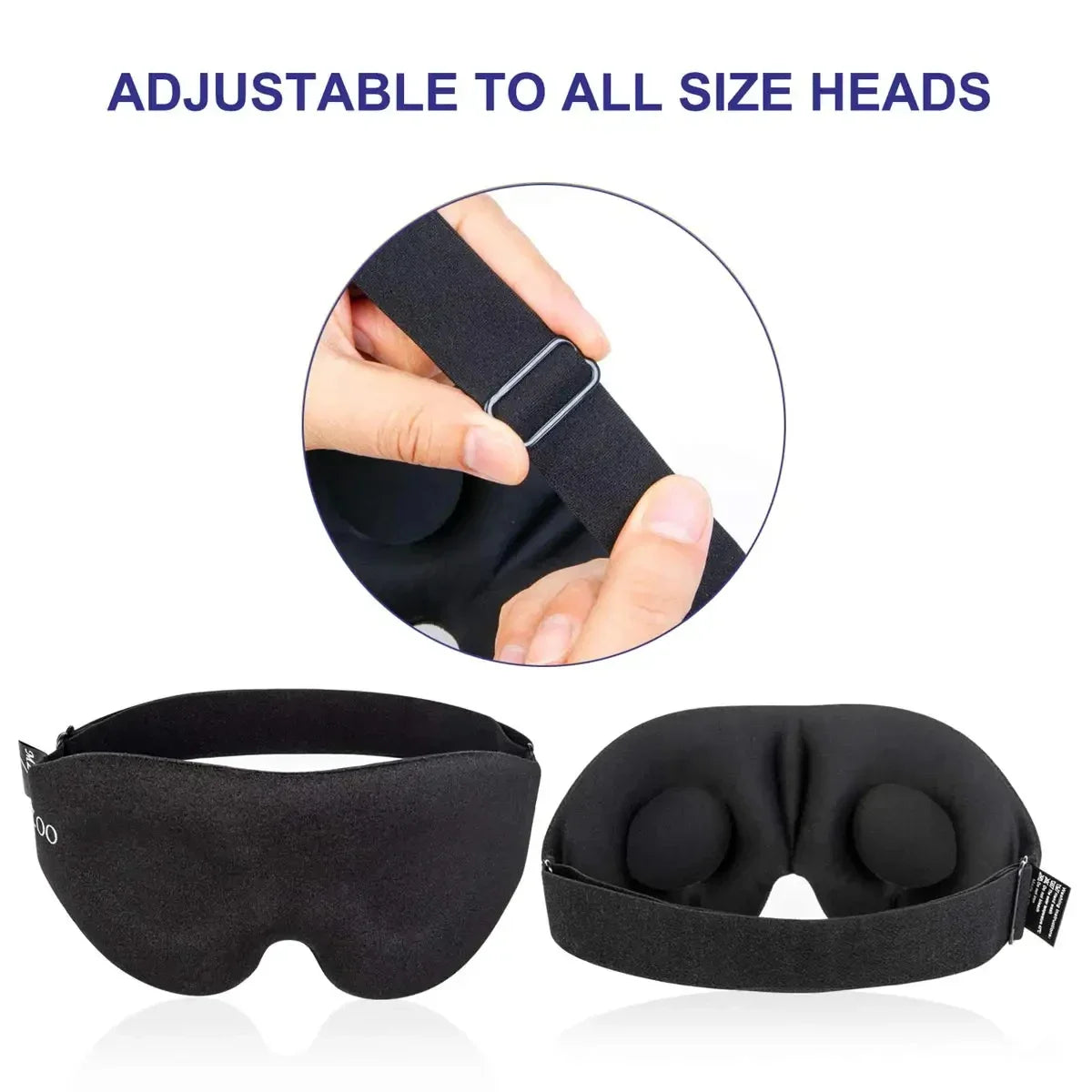Black sleep mask with adjustable strap on a white background