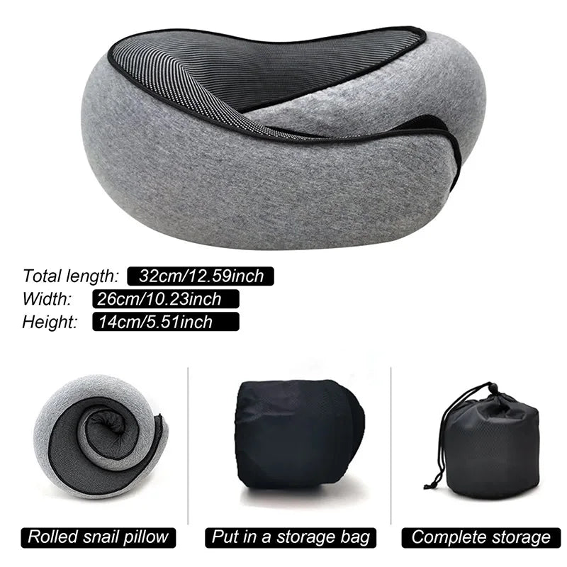 Gray neck pillow with measurements and storage bag on a white background
