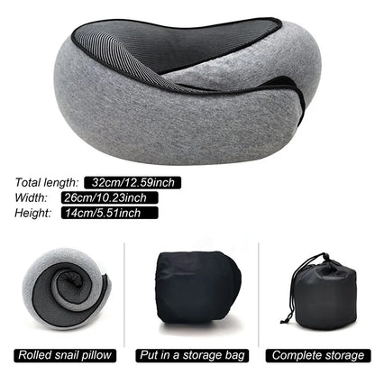 Gray neck pillow with measurements and storage bag on a white background