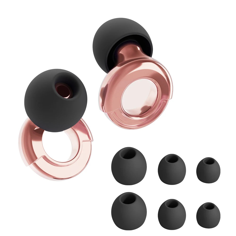 Black and rose gold earbud tips on a white background