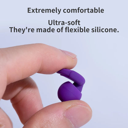 Purple silicone item being held between fingers with text about comfort and material on a light purple background