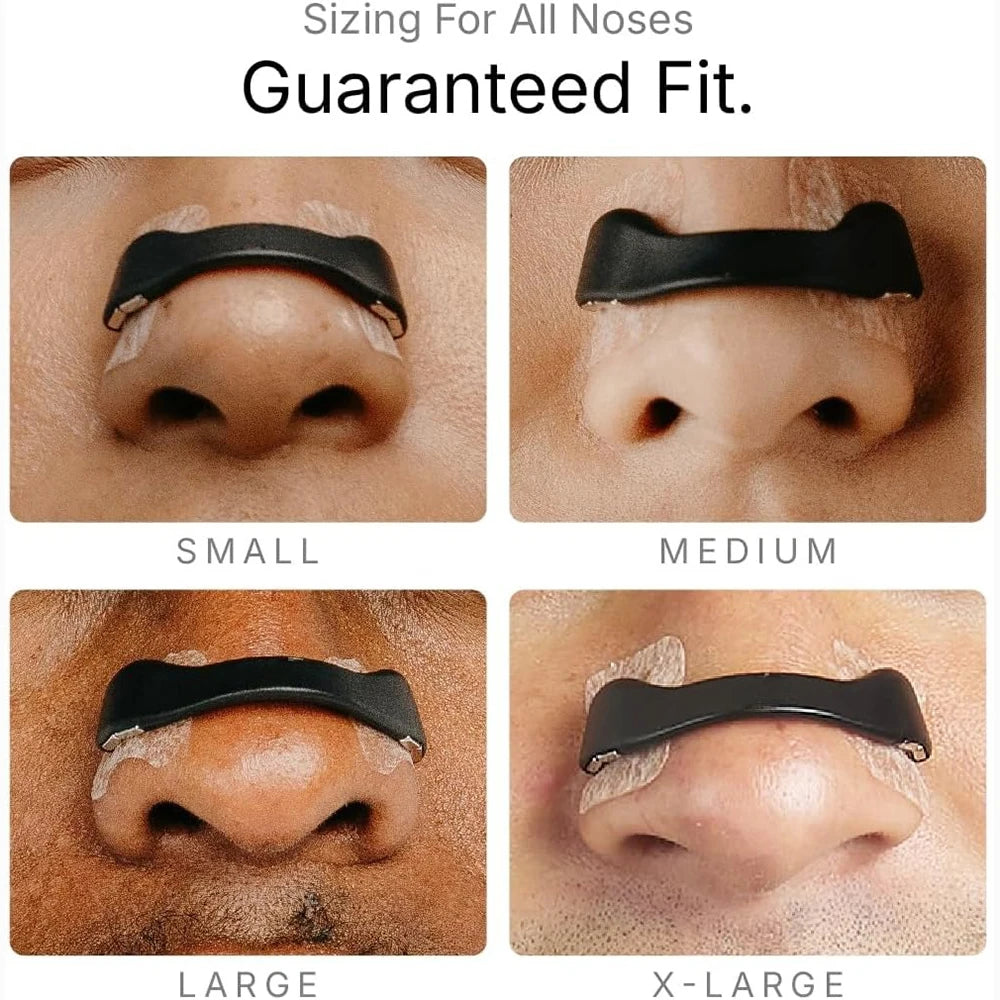Four different sizes of a black nose clip on various noses with text indicating 'Sizing For All Noses Guaranteed Fit'.