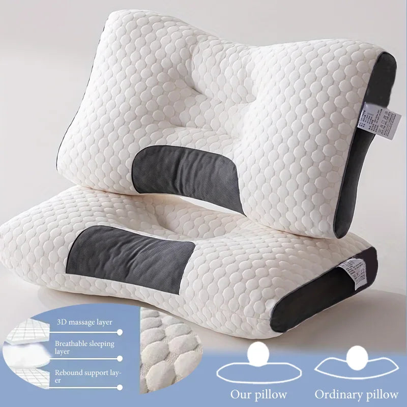 White and gray pillow with text on a light gray background