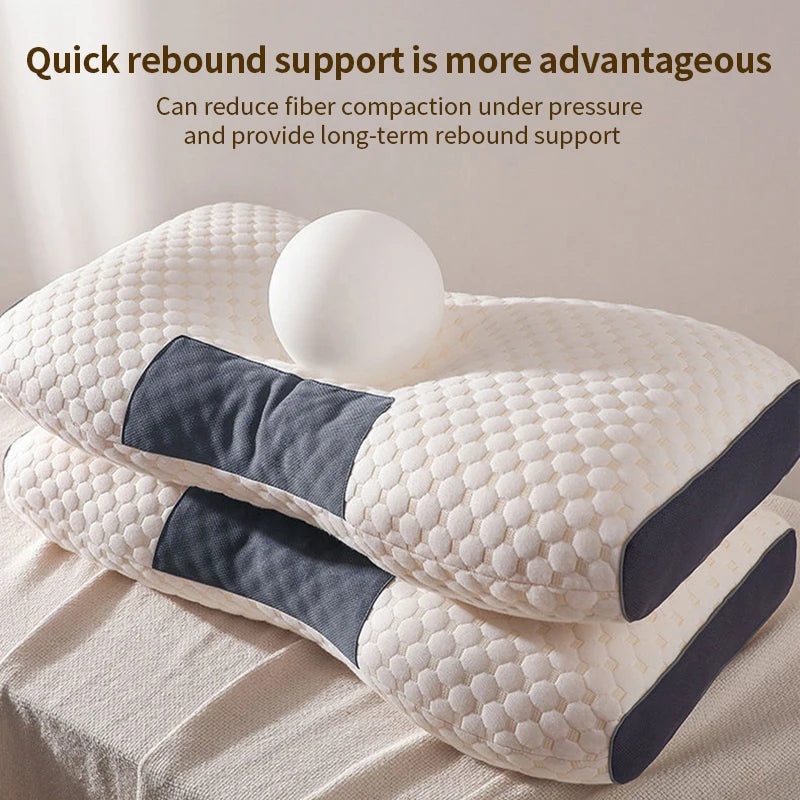 White pillow with blue accents on a beige surface, featuring text about quick rebound support.