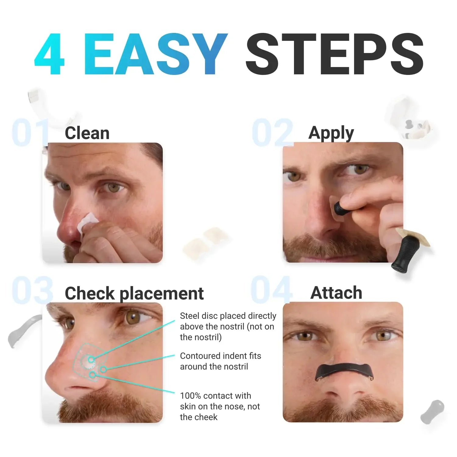 Step-by-step guide on how to use a nose hair removal product with images of a man applying it.