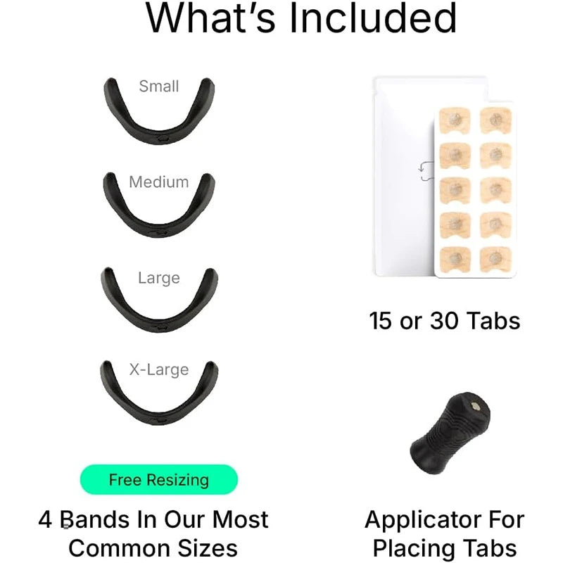 Product listing with band sizes, tab quantities, and an applicator on a white background.