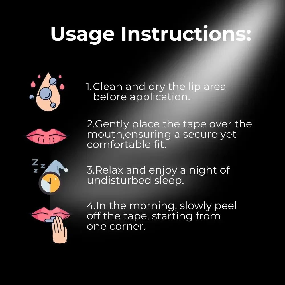 Usage instructions for a product on a black background with icons and text.