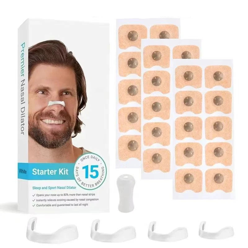 Nasal dilator starter kit with packaging and nasal strips on a white background