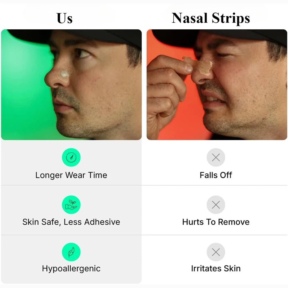 Comparison chart showing benefits of 'Us' nasal strips over 'Nasal Strips'.