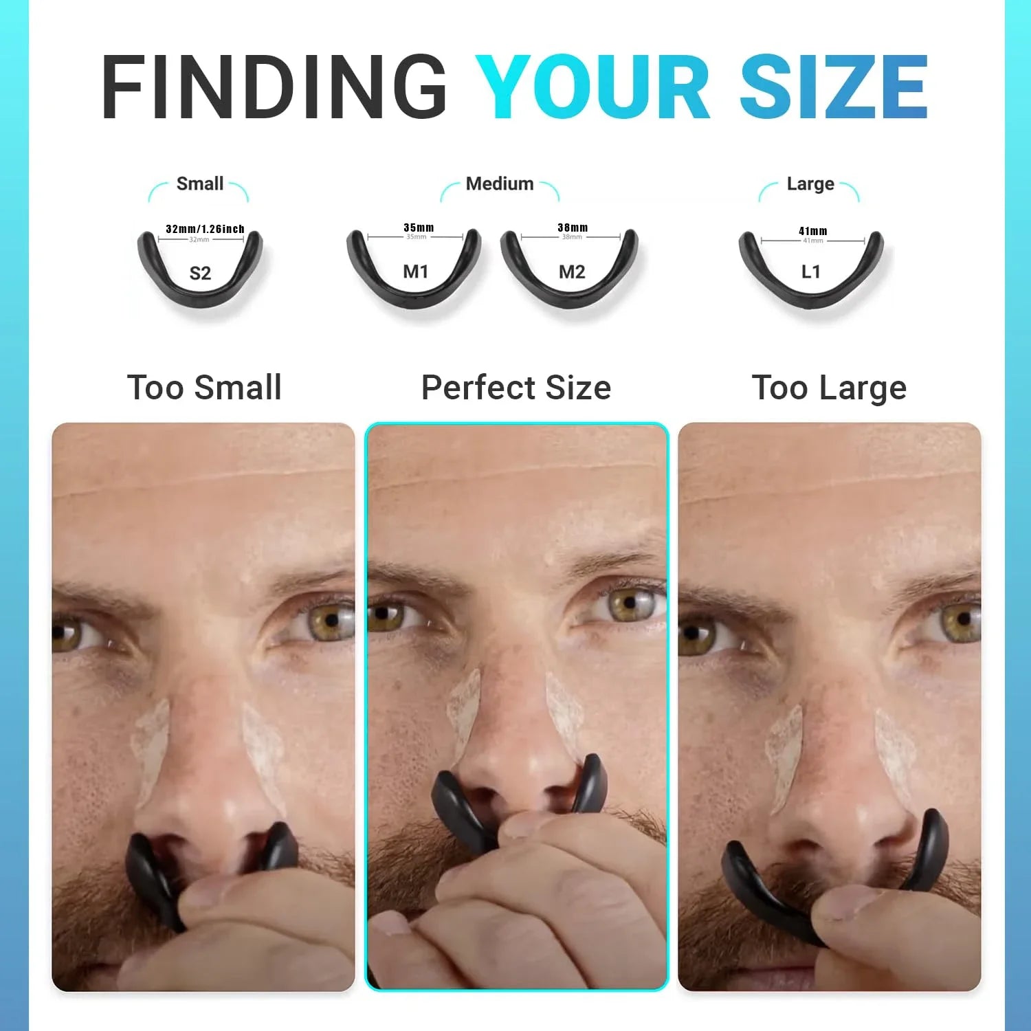 Size guide for a nasal device with three options labeled 'Too Small', 'Perfect Size', and 'Too Large'.