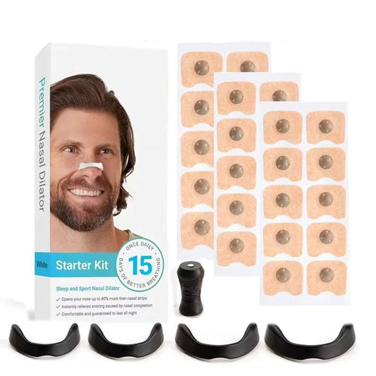 Nasal dilator starter kit with packaging, nasal strips, and devices on a white background