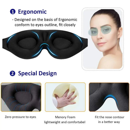 Ergonomic eye mask with text highlighting features and a woman wearing it.