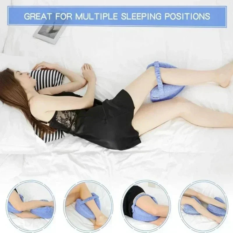 Woman lying on a bed with a blue pillow, surrounded by insets showing different sleeping positions.