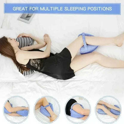 Woman lying on a bed with a blue pillow, surrounded by insets showing different sleeping positions.