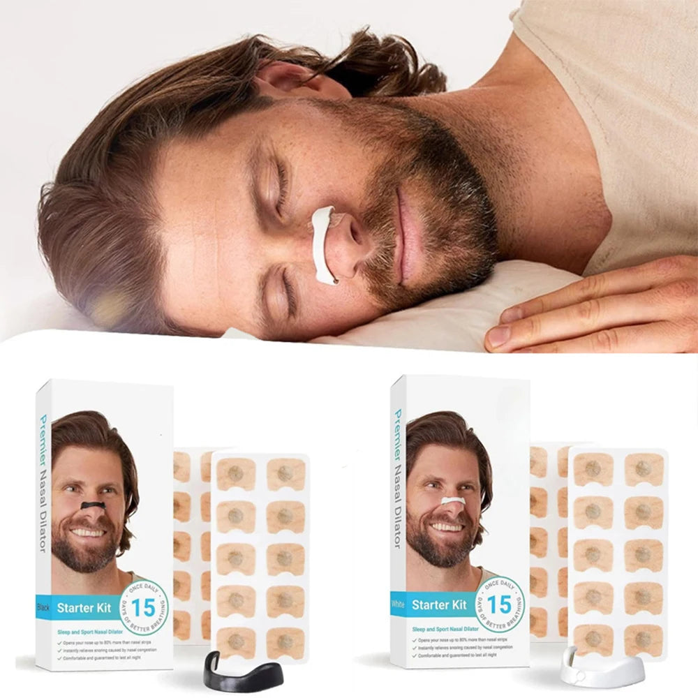 Sleeping man with a nose strip and two starter kits for a hair removal product on a white background