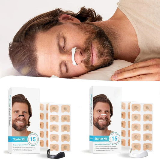 Sleeping man with a nose strip and two starter kits for a hair removal product on a white background