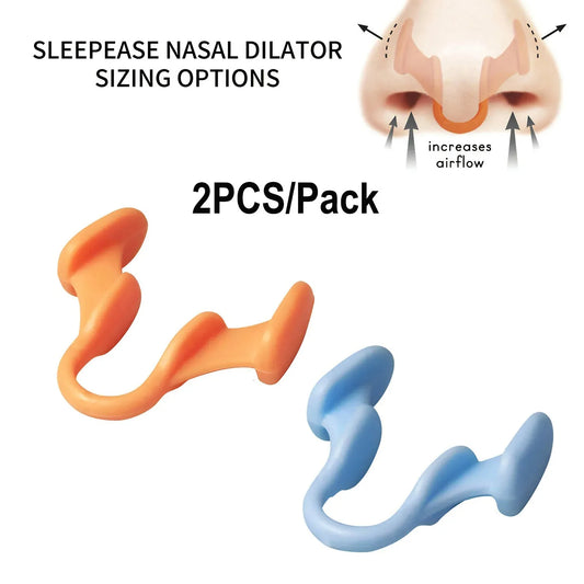 Sleepease nasal dilator with two sizes shown, one orange and one blue, on a white background.