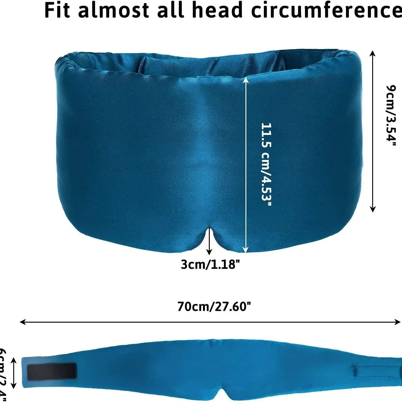 Blue sleep mask with measurements on a white background