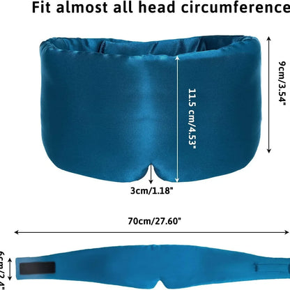 Blue sleep mask with measurements on a white background