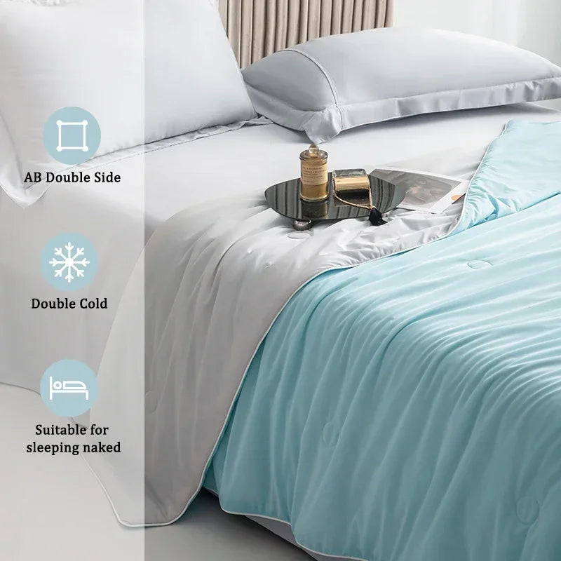 Bed with white bedding and a light blue throw blanket, featuring text on fabric properties.