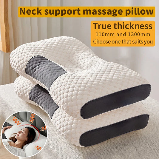 Neck support massage pillow with text on true thickness options