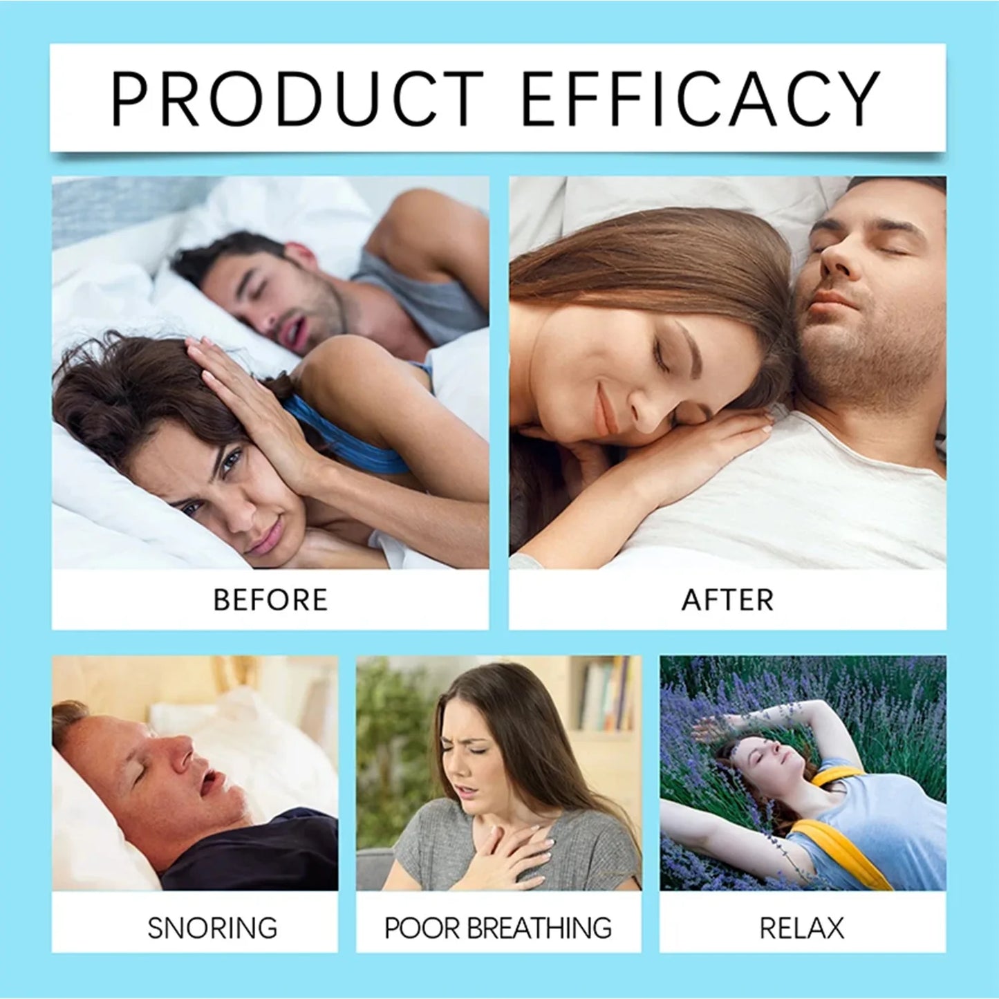 Before and after scenarios showing a couple sleeping better with product efficacy.