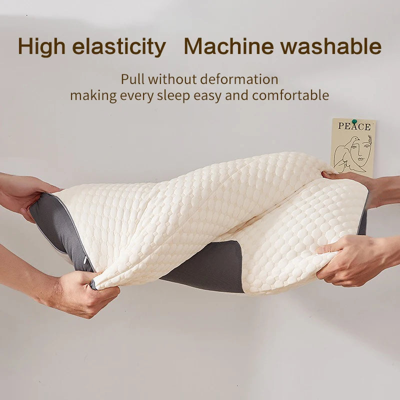 Elastic U-shaped pillow with text highlighting its features on a plain background