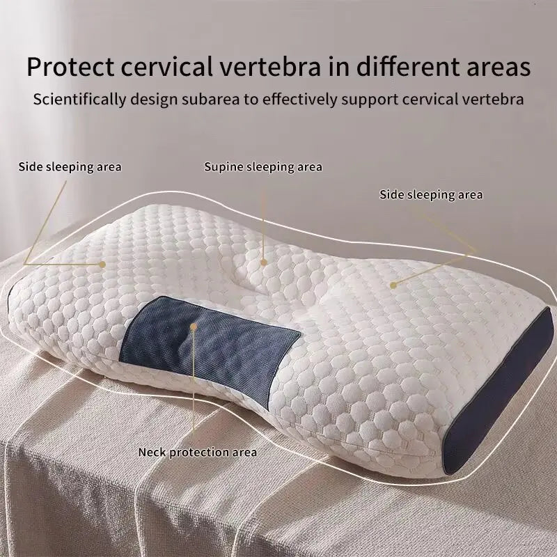 Ergonomic pillow with labeled areas for side and supine sleeping on a neutral background